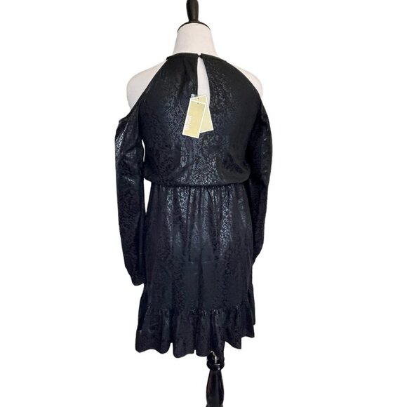 NWT michael kors black snake print long cold shoulder sleeve flounce hem dress S - Picture 5 of 9